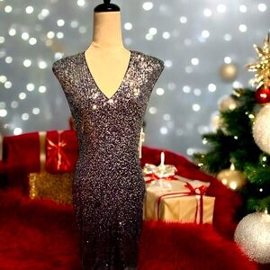Eliza J Dark Navy Ombre Sequin Midi Dress. Stretchy & Flattering Small. NEW